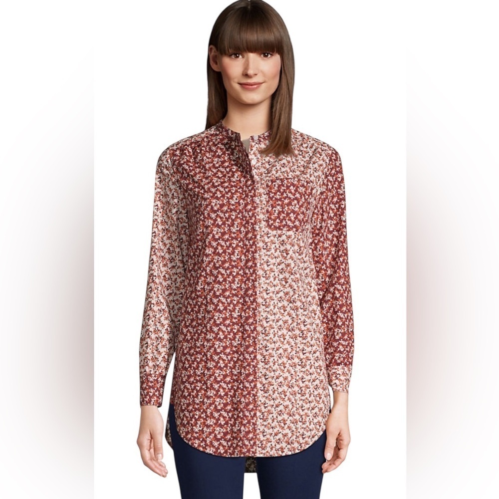 LANDS END Womens 100% Cotton 3/4 Sleeve Split Neck Tunic Top Crochet Trim. #353